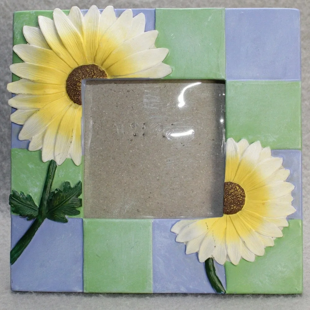 Sunflower Picture Frame Green Purple Checkered Floral‎ Cottagecore 6x6